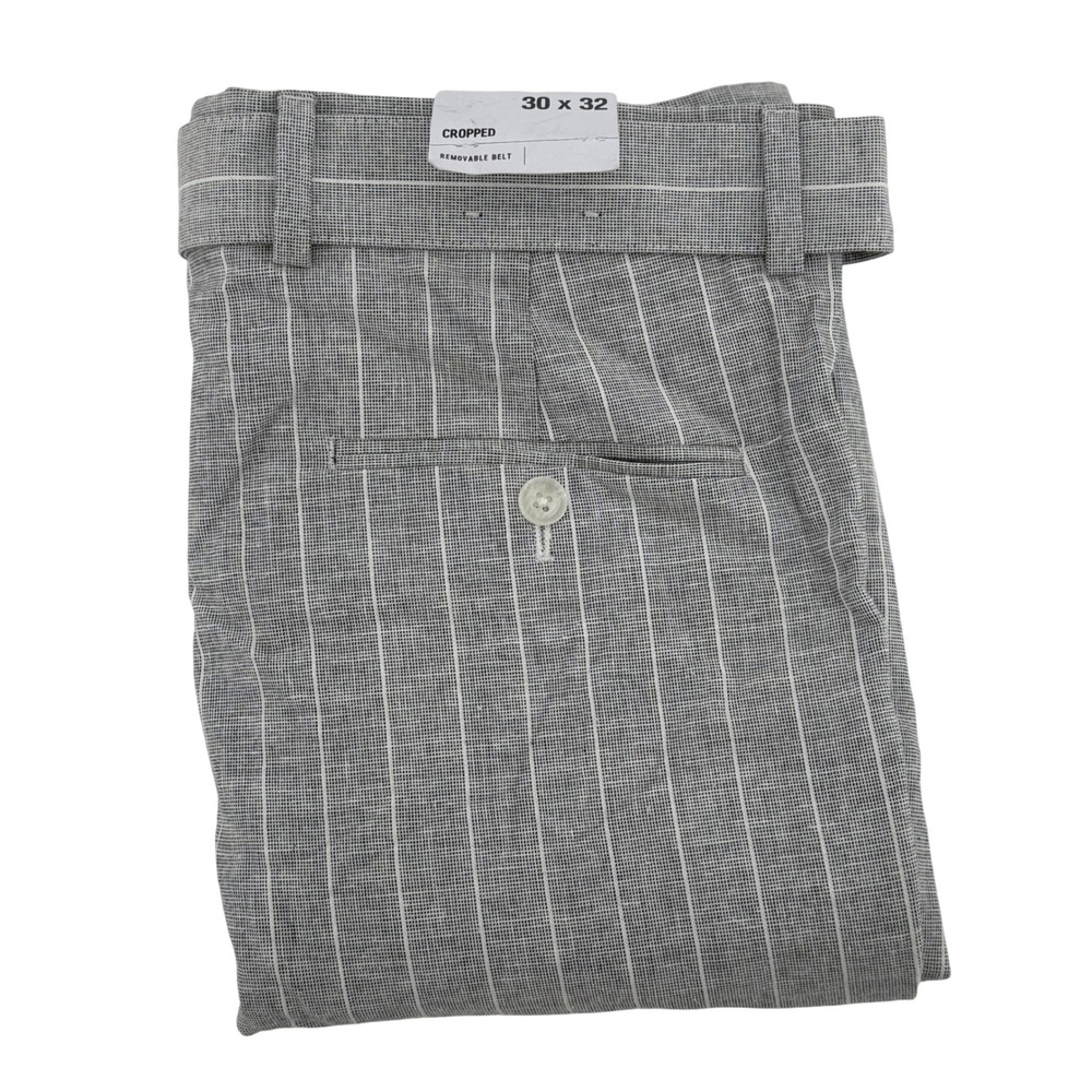 Express Mens Grey Pinstripe Cropped Linen Blend Belted Pants 30x32‎ NEW 32x27.5